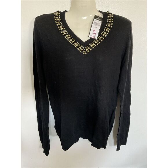 BCBG Paris Womens M Black V Neck Sweater Gold Thread Black Beaded Neckline‎ - Picture 1 of 4